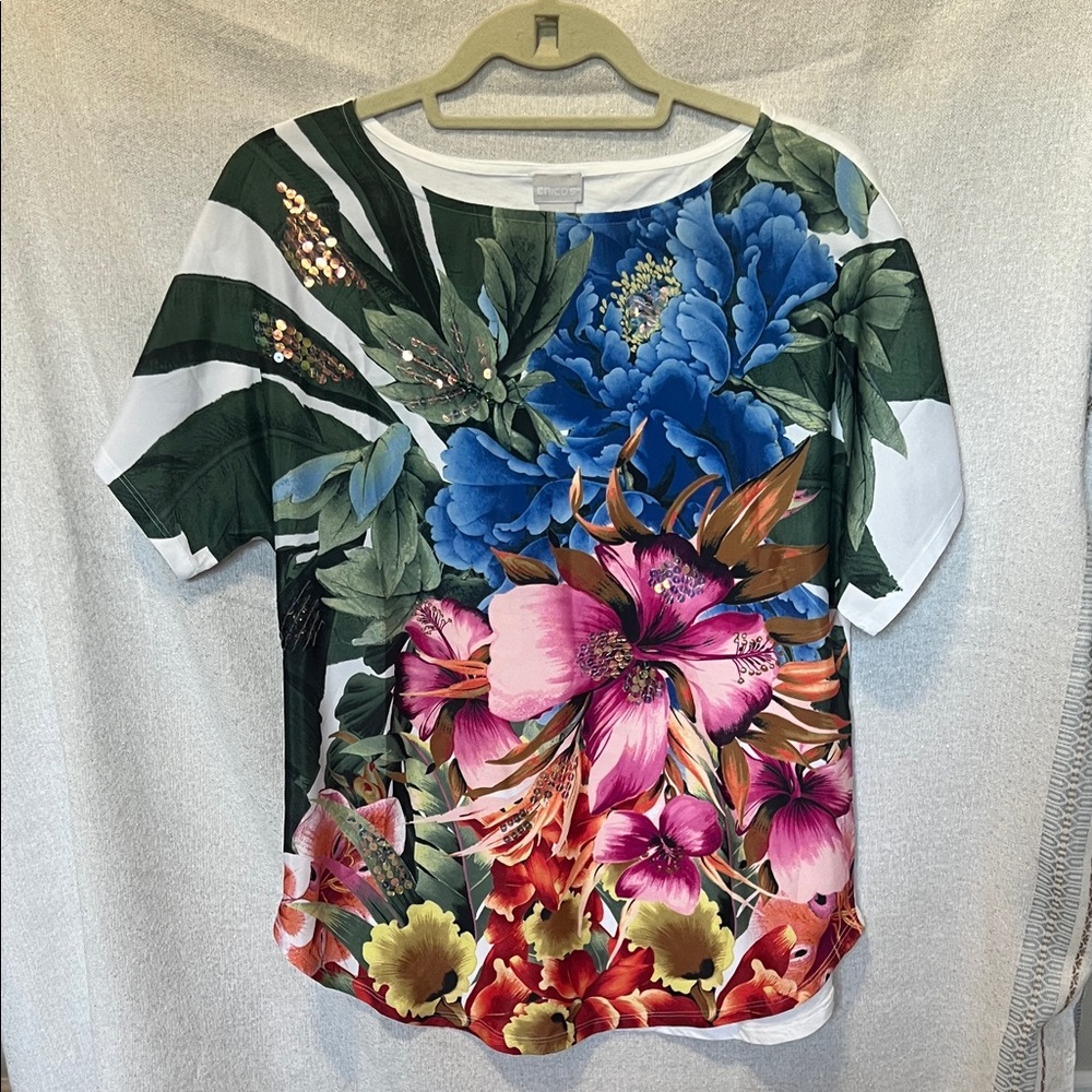 Chico's Multicolor Sequin Embellished Floral Short Sleeve Top